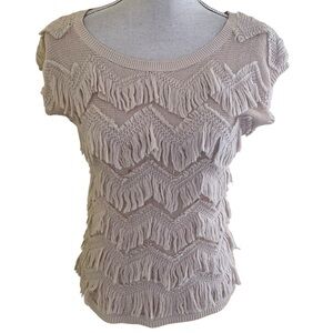 Anthropologie Yellow Bird Cream Cap Sleeve Sweater with Diagonal Fringe S